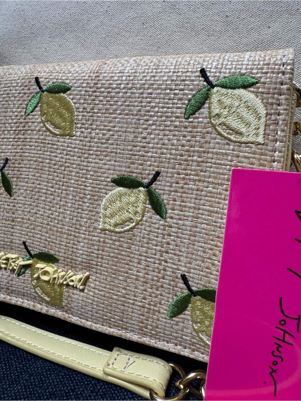 Betsey Johnson Lemon Embroidered Beige Crossbody Bag with Yellow Strap - Picture 4 of 12